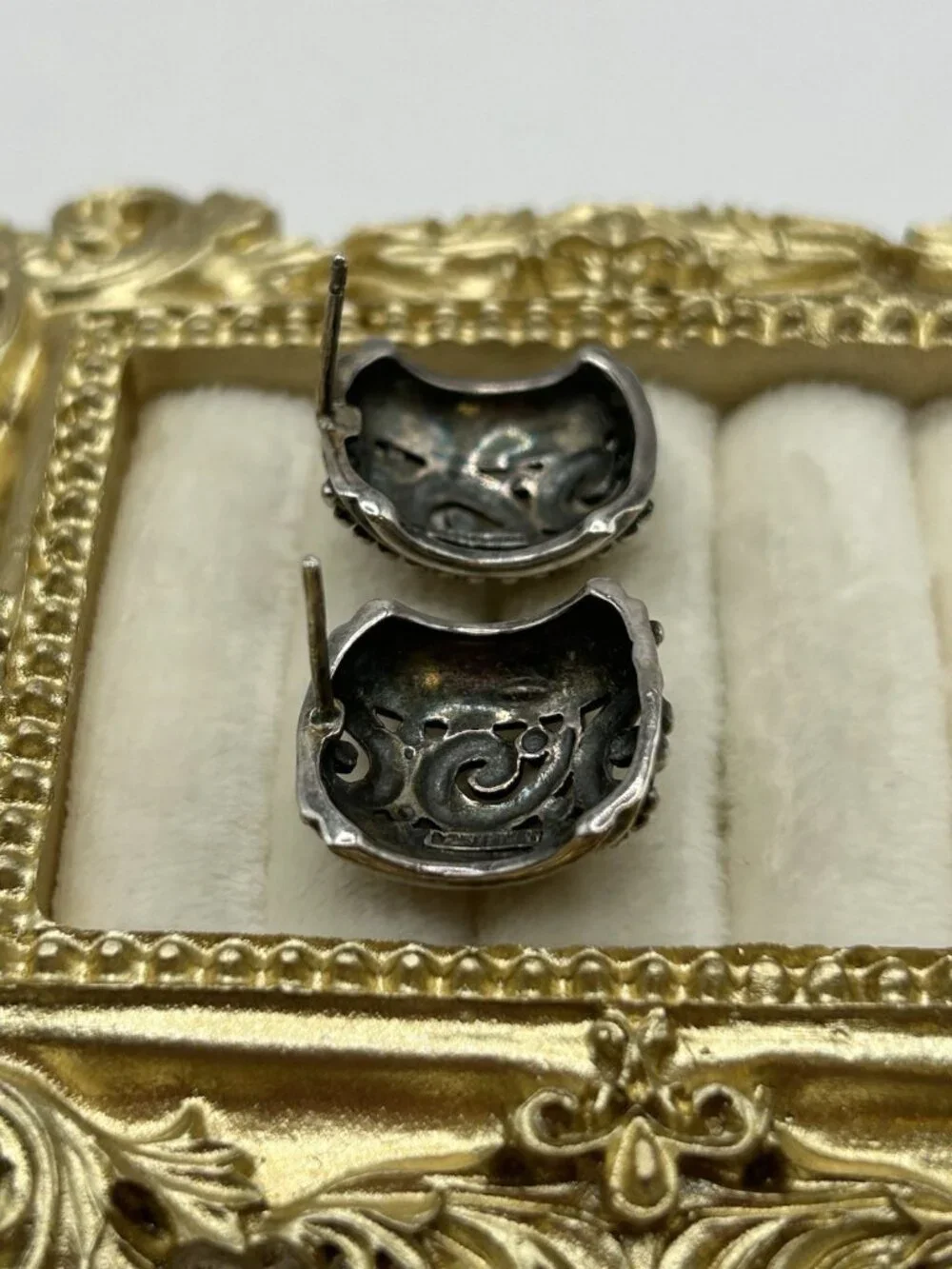 Vintage Thai Sterling Silver 925 Post Earrings Scroll Boho Artisan Patina Gift - Picture 11 of 11